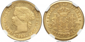 Spanish Colony. Isabel II gold 2 Pesos 1864 MS60 NGC, KM143. A gold issue almost never encountered uncirculated, this example being the finest certifi...
