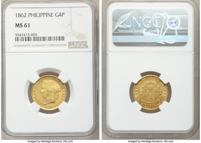 Spanish Colony. Isabel II gold 4 Pesos 1862 MS61 NGC, KM144. Decidedly Mint Stat...