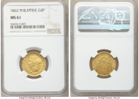 Spanish Colony. Isabel II gold 4 Pesos 1862 MS61 NGC, KM144. Decidedly Mint State, this canary-gold offering exhibits slightly reflective fields and a...