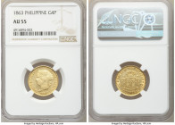 Spanish Colony. Isabel II gold 4 Pesos 1863 AU55 NGC, KM144. Pale-gold appearances populate this offering, one that finds itself just shy of Mint Stat...