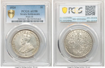 British Colony. George V Dollar 1920 AU58 PCGS, KM33, Prid-10. Uniformly pale-gray and nearly Mint State, this selection has ample amounts of mint lus...