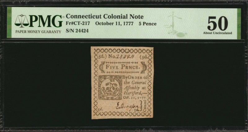 Colonial Notes

CT-217. Connecticut. October 11, 1777. 5 Pence. PMG About Unci...