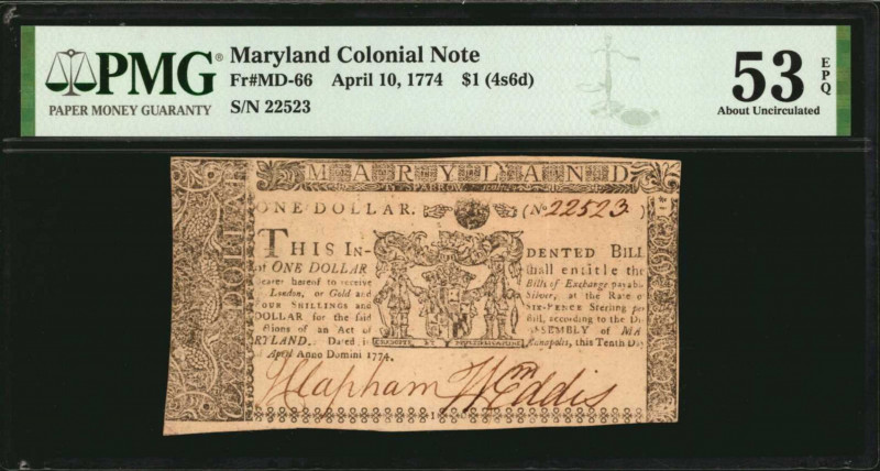 Colonial Notes

MD-66. Maryland. April 10, 1774. $1. PMG About Uncirculated 53...