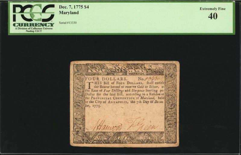 Colonial Notes

MD-88. Maryland. December 7, 1775. $4. PCGS Currency Extremely...