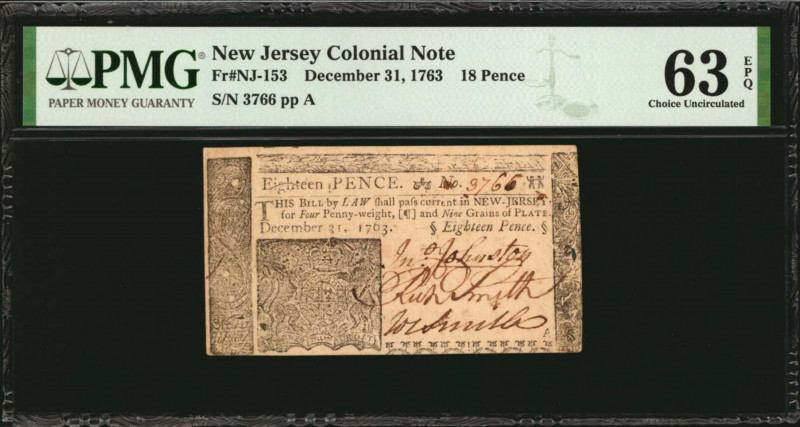Colonial Notes

NJ-153. New Jersey. December 31, 1763. 18 Pence. PMG Choice Un...