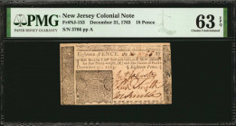 Colonial Notes

NJ-153. New Jersey. December 31, 1763. 18 Pence. PMG Choice Uncirculated 63 EPQ.

Estimate: $200.00- $300.00