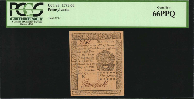 Colonial Notes

PA-183. Pennsylvania. October 25, 1775. 6 Pence. PCGS Currency...
