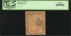 Colonial Notes

PA-183. Pennsylvania. October 25, 1775. 6 Pence. PCGS Currency Gem New 66 PPQ.

A high grade example of this 6 Pence note. Fully f...