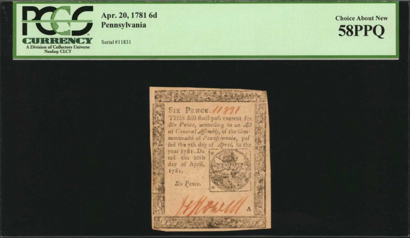 Colonial Notes

PA-242. Pennsylvania. April 20, 1781. 6 Pence. PCGS Currency C...