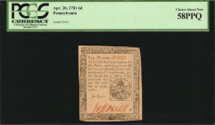 Colonial Notes

PA-242. Pennsylvania. April 20, 1781. 6 Pence. PCGS Currency Choice About New 58.

Estimate: $150.00- $200.00