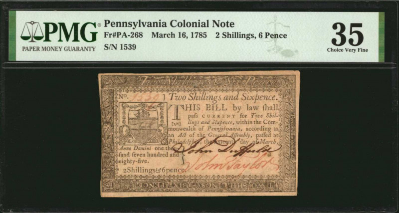 Colonial Notes

PA-268. Pennsylvania. March 16, 1785. 2 Shillings, 6 Pence. PM...