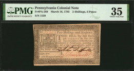 Colonial Notes

PA-268. Pennsylvania. March 16, 1785. 2 Shillings, 6 Pence. PMG Choice Very Fine 35.

PMG comments "Hinged."

Estimate: $400.00-...