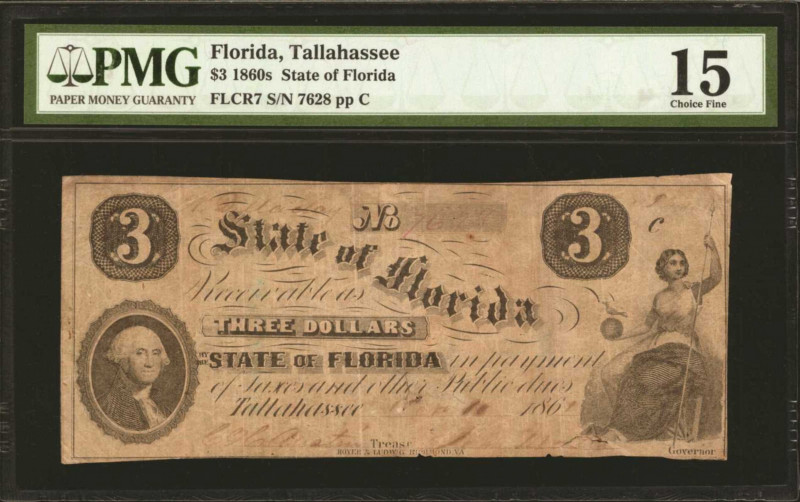 Florida

Tallahassee, Florida. State of Florida. 1860s. $3. PMG Choice Fine 15...