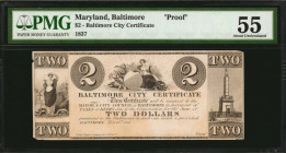 Maryland

Baltimore, Maryland. Baltimore City Certificate. 1837 $2. PMG About Uncirculated 55. Proof.

PMG comments "Previously Mounted."

Estim...