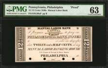 Pennsylvania

Philadelphia, Pennsylvania. Manual Labor Bank. 1830s 12 1/2 cents. PMG Choice Uncirculated 63. Proof.

PA445G40aP. Proof. Hole punch...