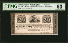 Pennsylvania

Philadelphia, Pennsylvania. Mayor, Aldermen & Citizens of Philadelphia. 1837 25 cents. PMG Choice Uncirculated 63. Proof.

Loan cert...