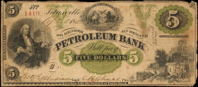 Pennsylvania

Titusville, Pennsylvania. Petroleum Bank. 1863 $5. Fine.

A hole, pinholes, edge wear/damage and staining is noticed.

Estimate: $...