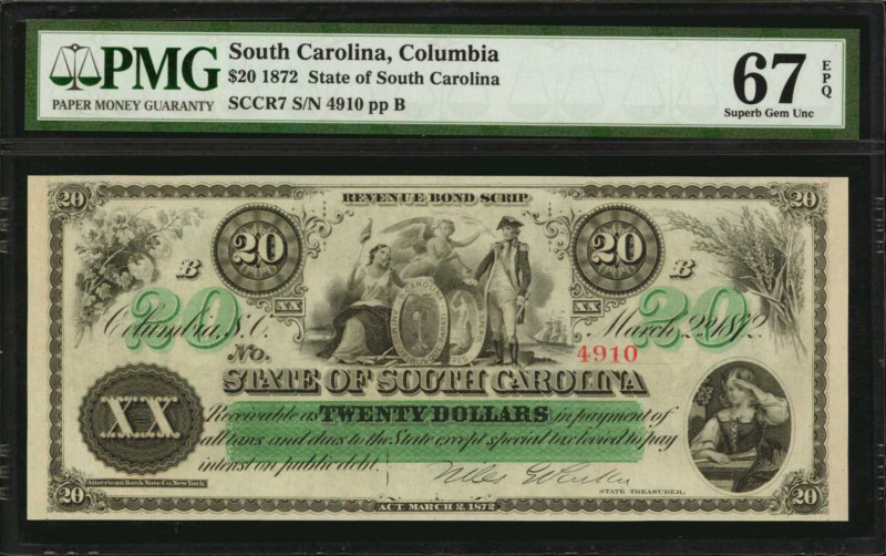 South Carolina

Columbia, South Carolina. State of South Carolina. 1872 $20. P...