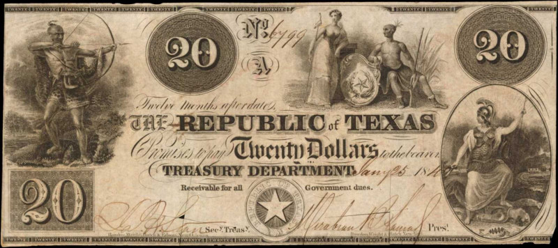Texas

Austin, Texas. Republic of Texas. 1840s $20. Very Fine.

This popular...