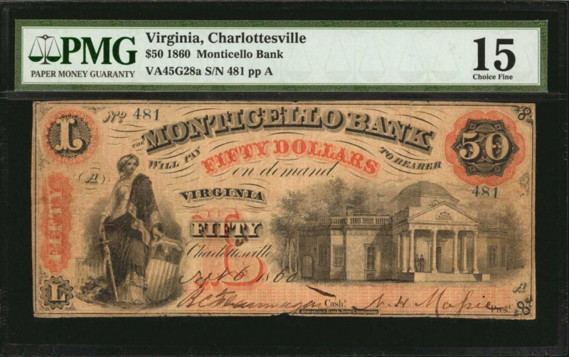 Virginia

Charlottesville, Virginia. Monticello Bank. 1860 $50. PMG Choice Fin...