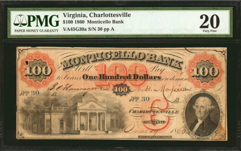 Virginia

Charlottesville, Virginia. Monticello Bank. 1860 $100. PMG Very Fine...
