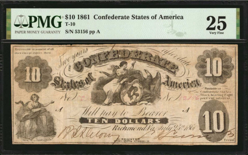 Confederate Currency

T-10. Confederate Currency. 1861 $10. PMG Very Fine 25....