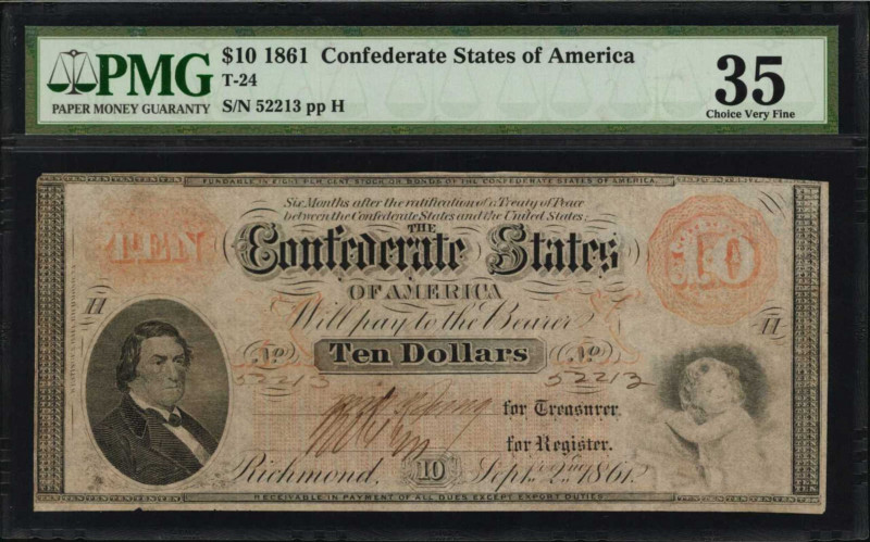 Confederate Currency

T-24. Confederate Currency. 1861 $10. PMG Choice Very Fi...