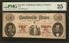 Confederate Currency

T-26. Confederate Currency. 1861 $10. PMG Very Fine 25.

No. 57412, Plate X. This 1861 $10 has been hammer cut cancelled.
...
