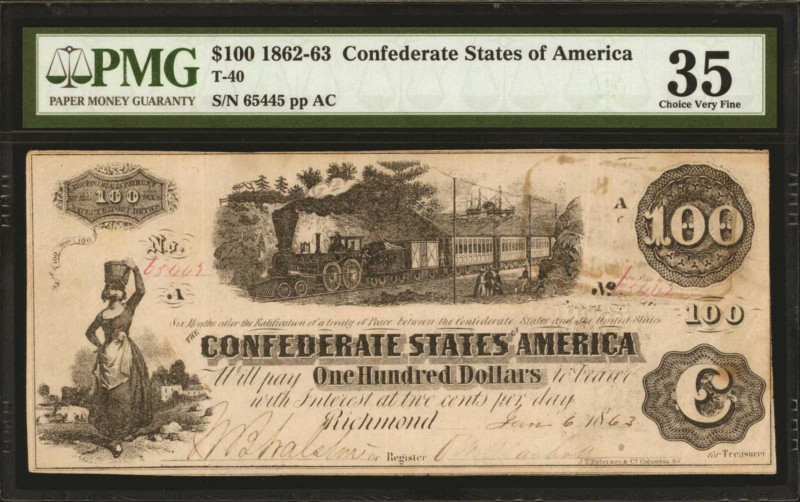 Confederate Currency

T-40. Confederate Currency. 1862-63 $100. PMG Choice Ver...