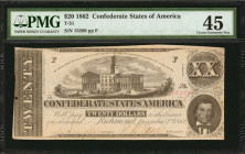 Confederate Currency

T-51. Confederate Currency. 1862 $20. PMG Choice Extremely Fine 45.

No. 15589, Plate F. PMG comments "Small Hole."

Estim...