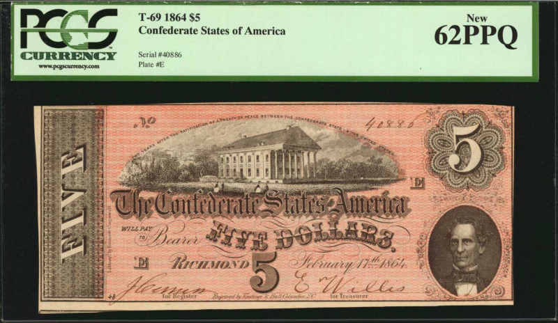 Confederate Currency

T-69. Confederate Currency. 1864 $5. PCGS Currency New 6...