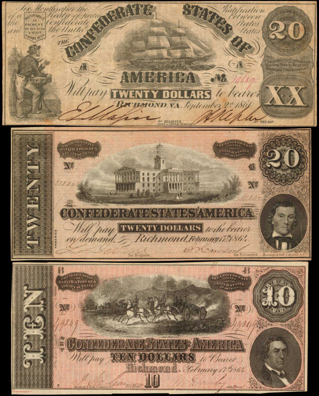 Confederate Currency

Lot of (3) T-18, 67 & 68. Confederate Currency. 1861 & 1...