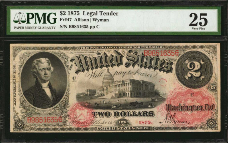 Legal Tender Notes

Fr. 47. 1875 $2 Legal Tender Note. PMG Very Fine 25.

A ...