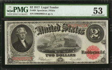 Legal Tender Notes

Fr. 60. 1917 $2 Legal Tender Note. PMG About Uncirculated 53.

PMG comments "Pinholes."

Estimate: $200.00- $300.00