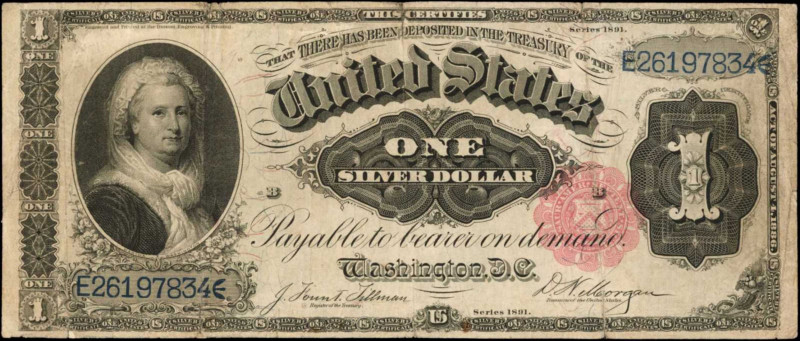 Silver Certificates

Fr. 223. 1891 $1 Silver Certificate. Fine.

Stains, ink...