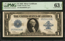 Silver Certificates

Fr. 239. 1923 $1 Silver Certificate. PMG Choice Uncirculated 63 EPQ.

Dark blue overprints stand out on bright paper on this ...
