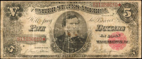 Treasury Note

Fr. 363. 1891 $5 Treasury Note. Fine.

Margin wear/nicks, staining and fold wear is noticed.

Estimate: $200.00- $300.00