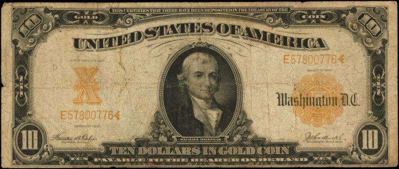 Gold Certificates

Fr. 1172. 1907 $10 Gold Certificate. Fine.

Edge nicks ar...