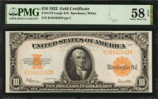 Gold Certificates

Fr. 1173. 1922 $10 Gold Certificate. PMG Choice About Uncirculated 58 EPQ.

Estimate: $500.00- $700.00