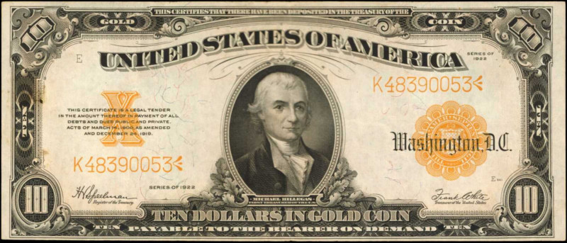Gold Certificates

Fr. 1173. 1922 $10 Gold Certificate. Choice Very Fine.

E...