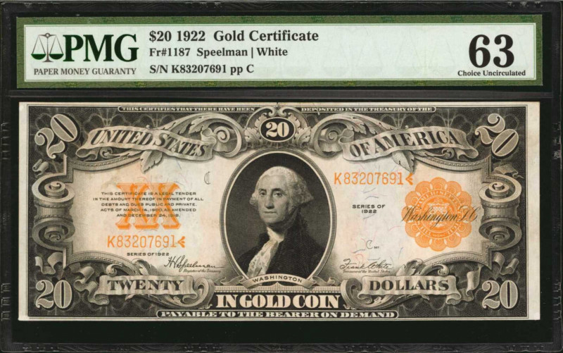 Gold Certificates

Fr. 1187. 1922 $20 Gold Certificate. PMG Choice Uncirculate...