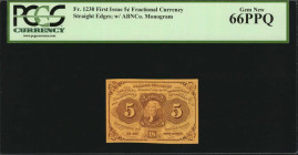 First Issue

Fr. 1230. 5 Cents. First Issue. PCGS Currency Gem New 66 PPQ.

Monogram edges, with ABNCo. monogram.

Estimate: $300.00- $400.00