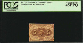 First Issue

Fr. 1231. 5 Cents. First Issue. PCGS Currency Extremely Fine 45 PPQ.

Straight edges, without monogram.

Estimate: $50.00- $100.00