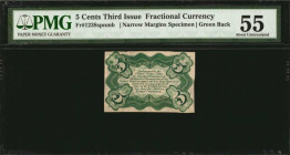 Third Issue

Fr. 1238spnmb. 5 Cents. Third Issue. PMG About Uncirculated 55.

Narrow margins specimens. Green back. PMG comments "Previously Mount...