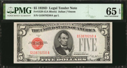 Legal Tender Notes

Fr. 1529. 1928D $5 Legal Tender Note. PMG Gem Uncirculated 65 EPQ.

Bold red overprints stand out on this Gem.

Estimate: $2...