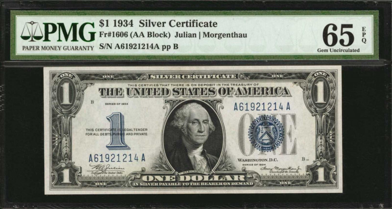 Silver Certificates

Fr. 1606. 1934 $1 Silver Certificate. PMG Gem Uncirculate...