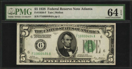 Federal Reserve Notes

Fr. 1950-F. 1928 $5 Federal Reserve Note. Atlanta. PMG Choice Uncirculated 64 EPQ.

A nearly Gem example of this $5 Numeric...