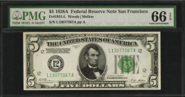 Federal Reserve Notes

Fr. 1951-L. 1928A $5 Federal Reserve Note. San Francisco. PMG Gem Uncirculated 66 EPQ.

A high grade example of this Numeri...