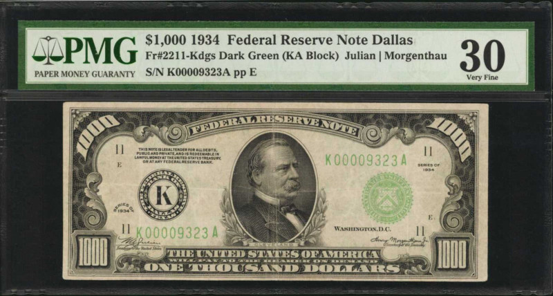 Federal Reserve Notes

Fr. 2211-Kdgs. 1934 $1000 Federal Reserve Note. Dallas....