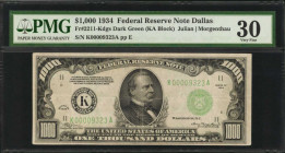 Federal Reserve Notes

Fr. 2211-Kdgs. 1934 $1000 Federal Reserve Note. Dallas. PMG Very Fine 30.

A dark green seal example of this Dallas $1000. ...